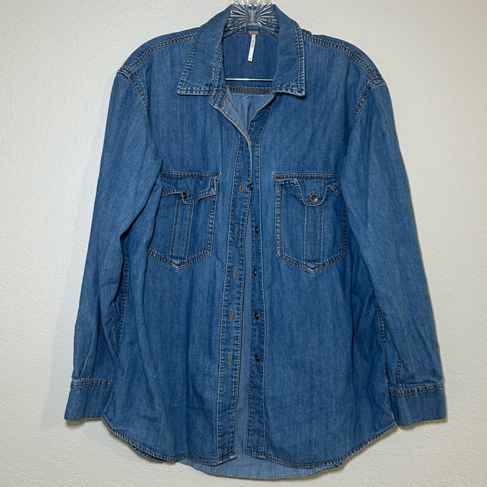 Free People Blue Button Down Shirt women’s small western country denim casual